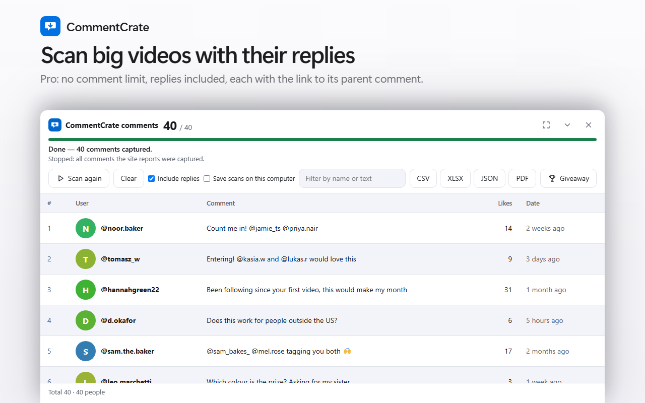The CommentCrate comments panel on a Bluesky post: handles, replies, likes and relative times, and the export buttons