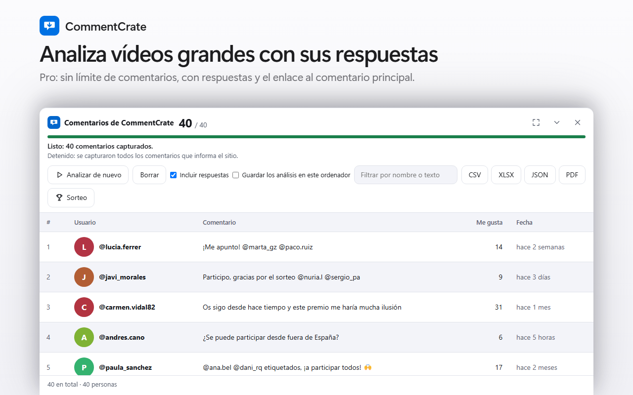 El panel de comentarios de CommentCrate en una publicación de Bluesky: usuarios, respuestas, «me gusta», tiempos relativos y los botones de exportación