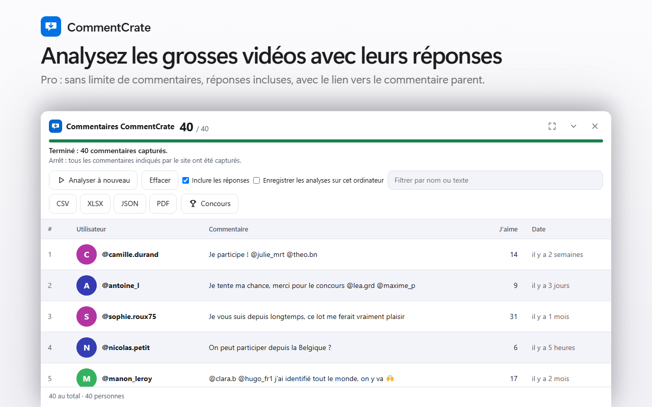 Le panneau de commentaires CommentCrate sur une publication Bluesky : pseudos, réponses, J’aime, durées relatives et boutons d’exportation