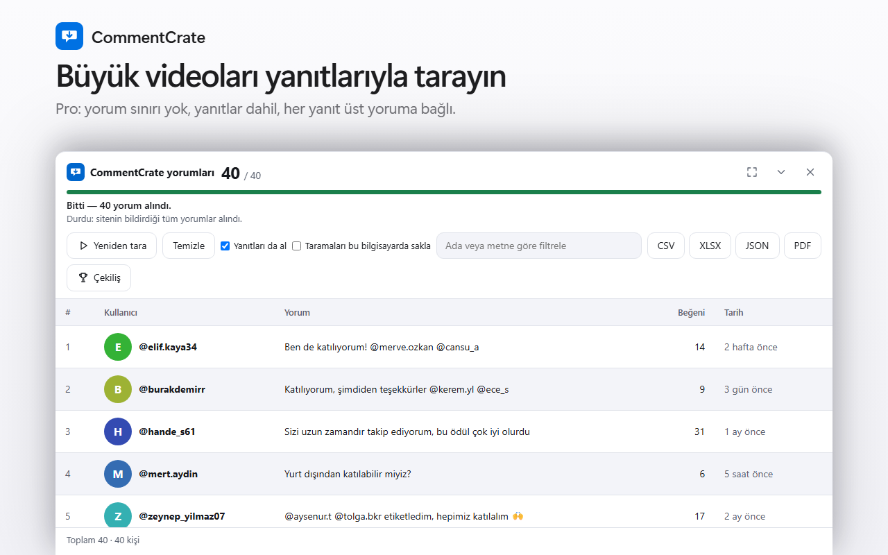 Bir Bluesky gönderisinde CommentCrate yorum paneli: kullanıcı adları, yanıtlar, beğeniler, göreli zamanlar ve dışa aktarma düğmeleri