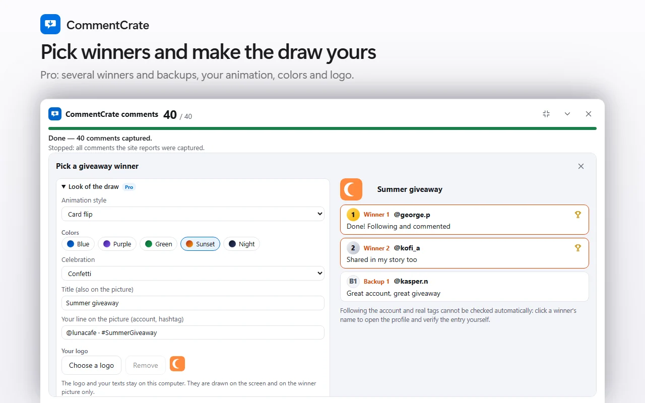 The giveaway tool in the CommentCrate panel with the Look of the draw section open: animation, colors, celebration, title, line and logo, and the winners on the right