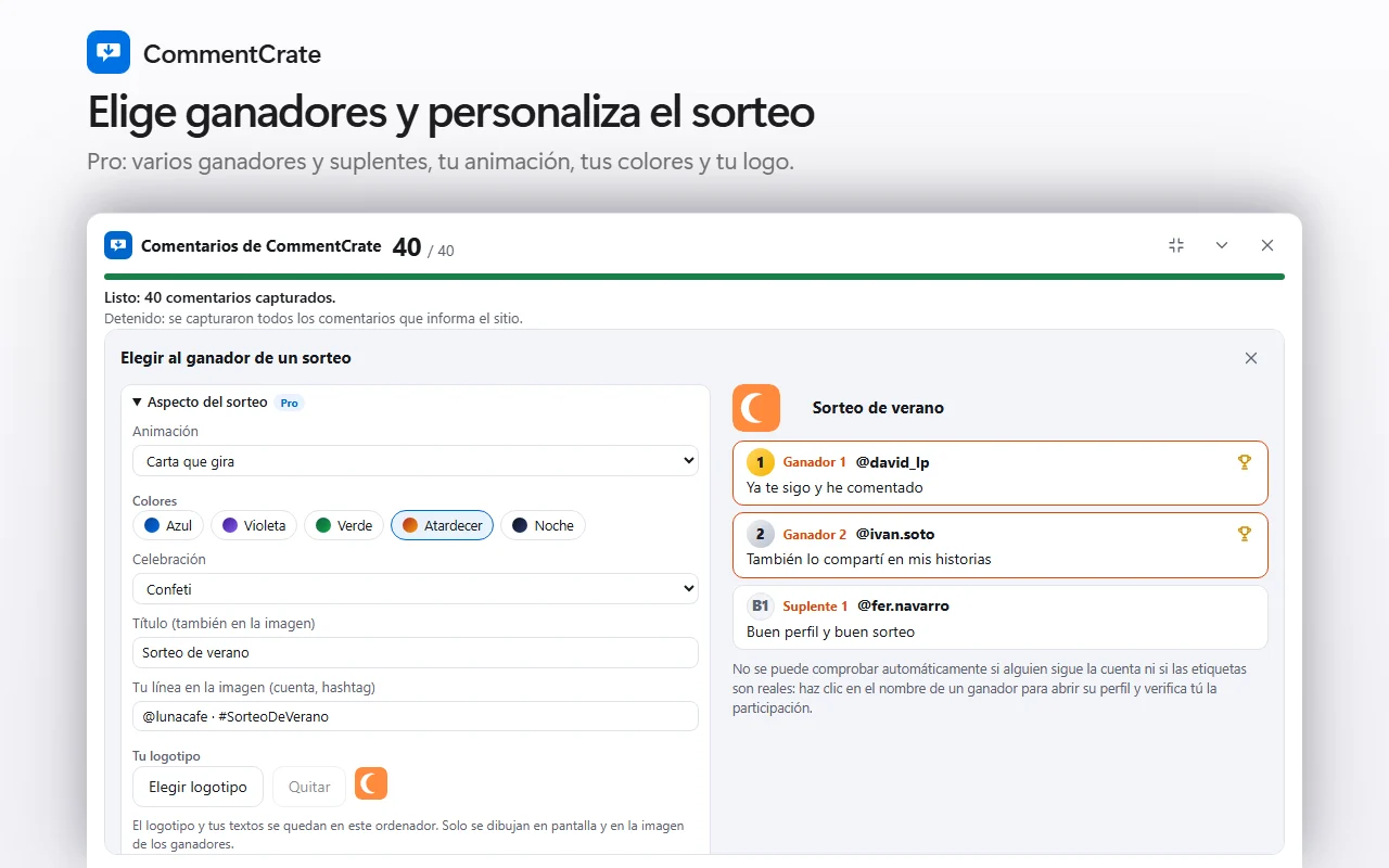 La herramienta de sorteo del panel de CommentCrate con la sección Aspecto del sorteo abierta: animación, celebración, colores, título, línea y logotipo, y los ganadores a la derecha