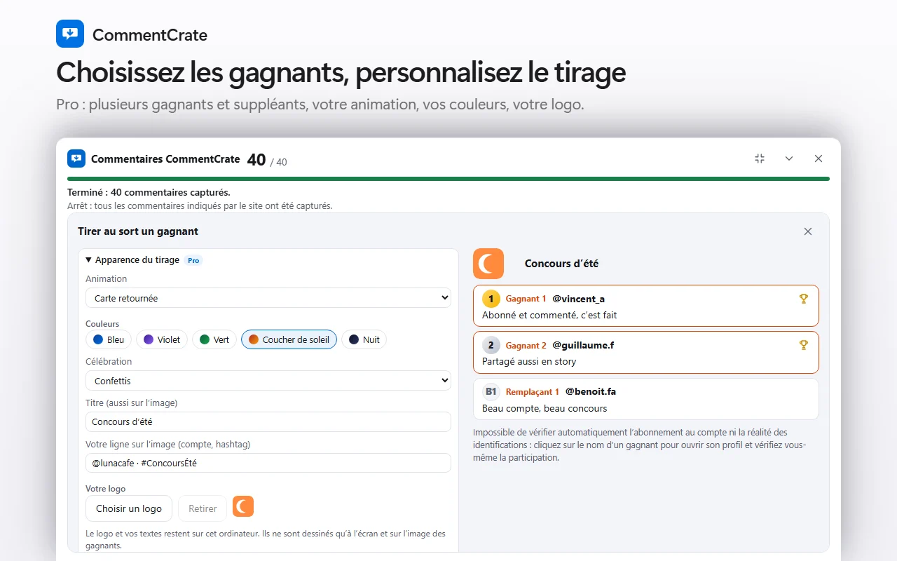 L’outil de tirage du panneau CommentCrate avec la section Apparence du tirage ouverte : animation, célébration, couleurs, titre, ligne et logo, et les gagnants à droite