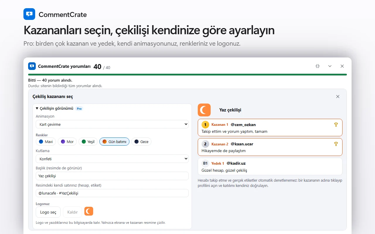 CommentCrate panelindeki çekiliş aracı, Çekilişin görünümü bölümü açık: animasyon, kutlama, renkler, başlık, satır ve logo; sağda kazananlar