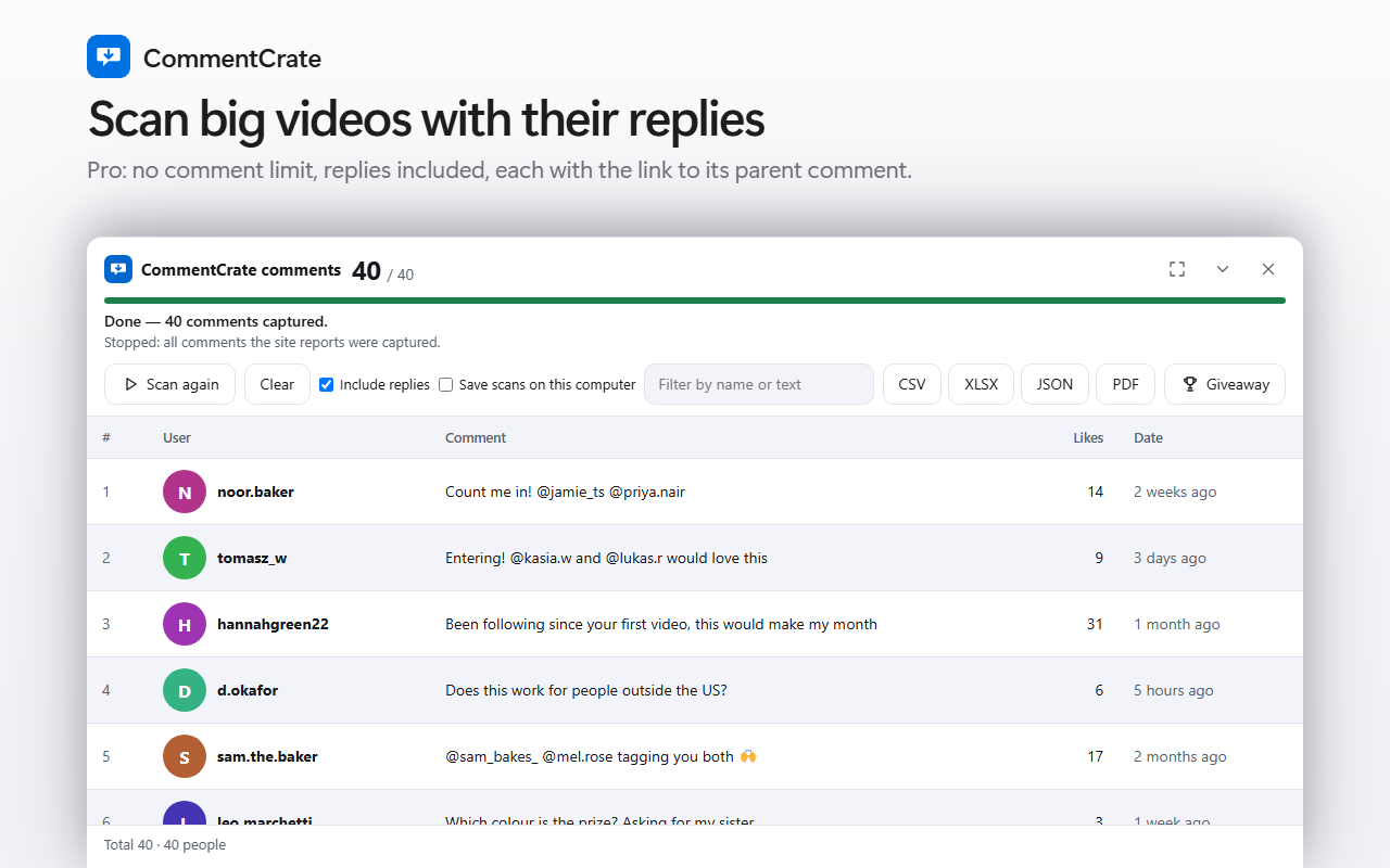 The CommentCrate comments panel on a Facebook post: names, comments, likes and times such as “2 weeks ago”, and the export buttons