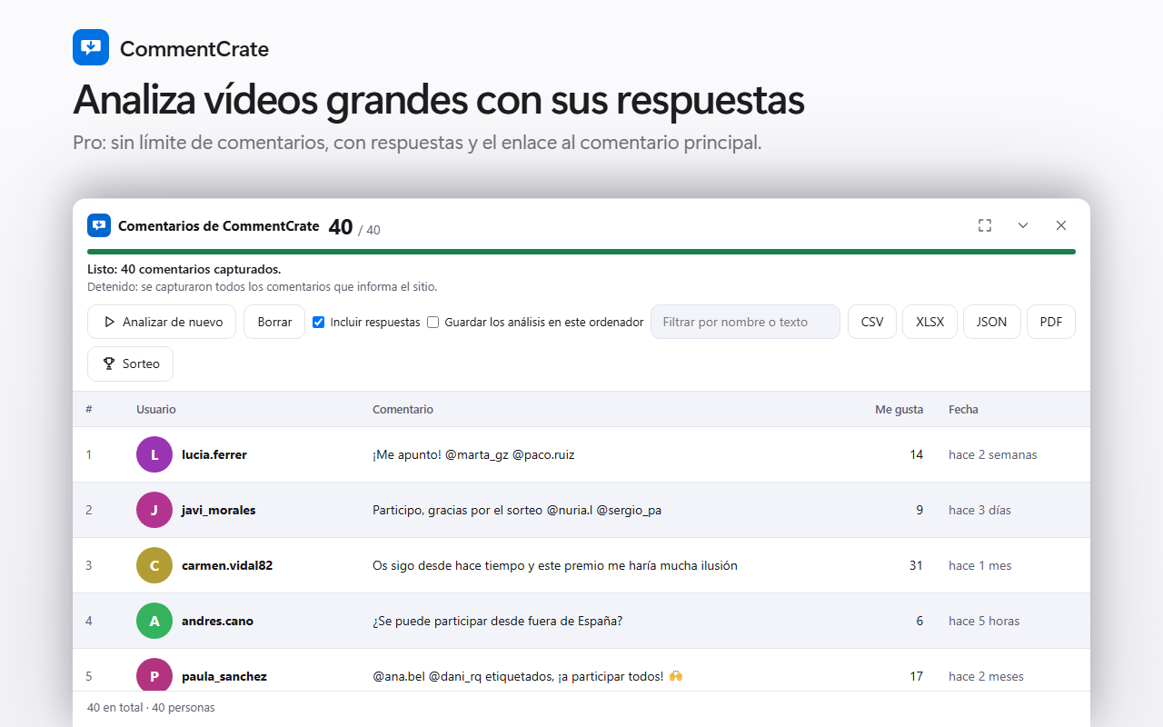 El panel de comentarios de CommentCrate en una publicación de Facebook: nombres, comentarios, «me gusta», tiempos como «hace 2 semanas» y los botones de exportación