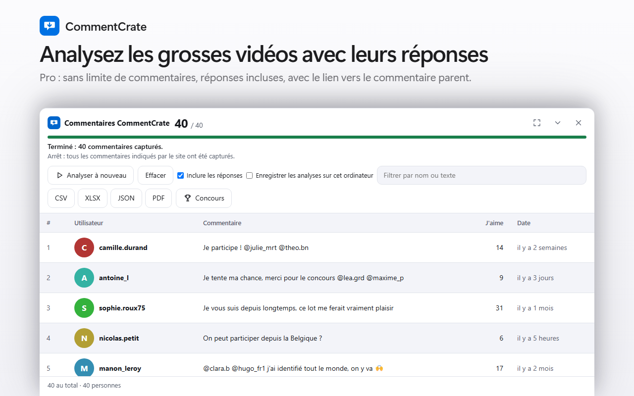 Le panneau de commentaires CommentCrate sur une publication Facebook : noms, commentaires, J’aime, durées comme « il y a 2 semaines » et boutons d’exportation