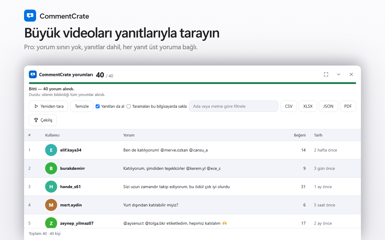 Bir Facebook gönderisinde CommentCrate yorum paneli: adlar, yorumlar, beğeniler, “2 hafta önce” gibi zamanlar ve dışa aktarma düğmeleri