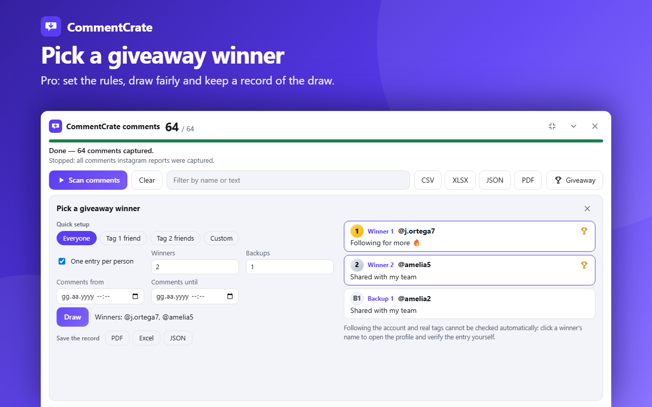 The CommentCrate giveaway screen: quick setup buttons, winners ranked 1 and 2 with trophies, a backup and the record buttons