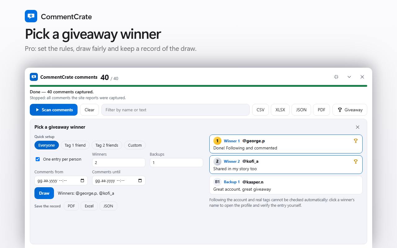 The CommentCrate giveaway screen: quick setup buttons, winners with trophies, a backup and the record buttons