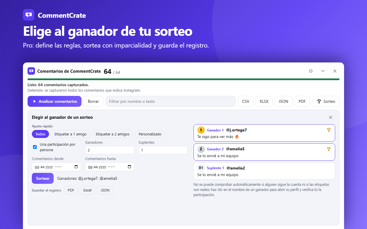 La pantalla de sorteos de CommentCrate: ajustes rápidos, ganadores 1 y 2 con trofeos, un suplente y los botones del registro
