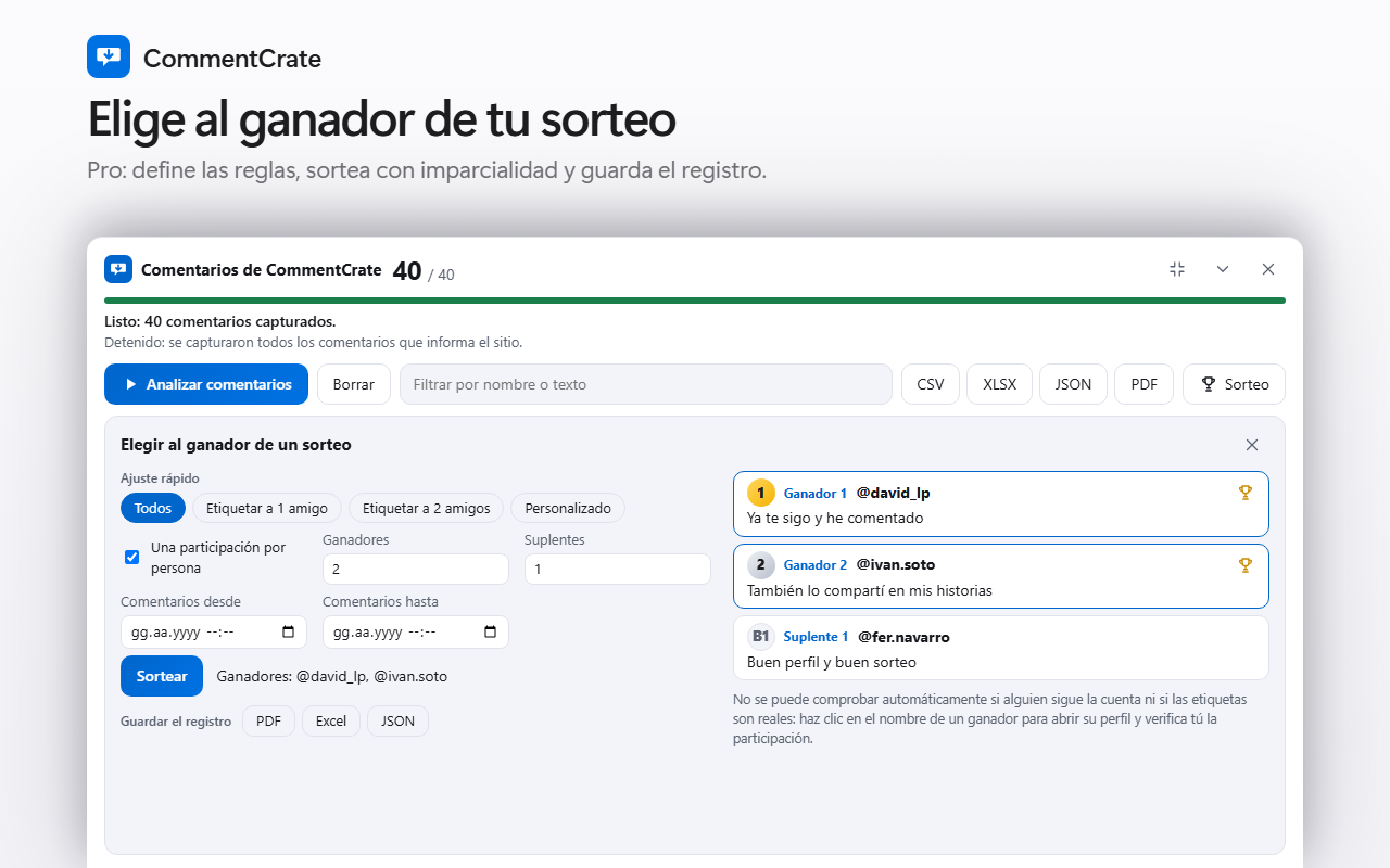 La pantalla de sorteos de CommentCrate: ajustes rápidos, ganadores con trofeos, un suplente y los botones del registro