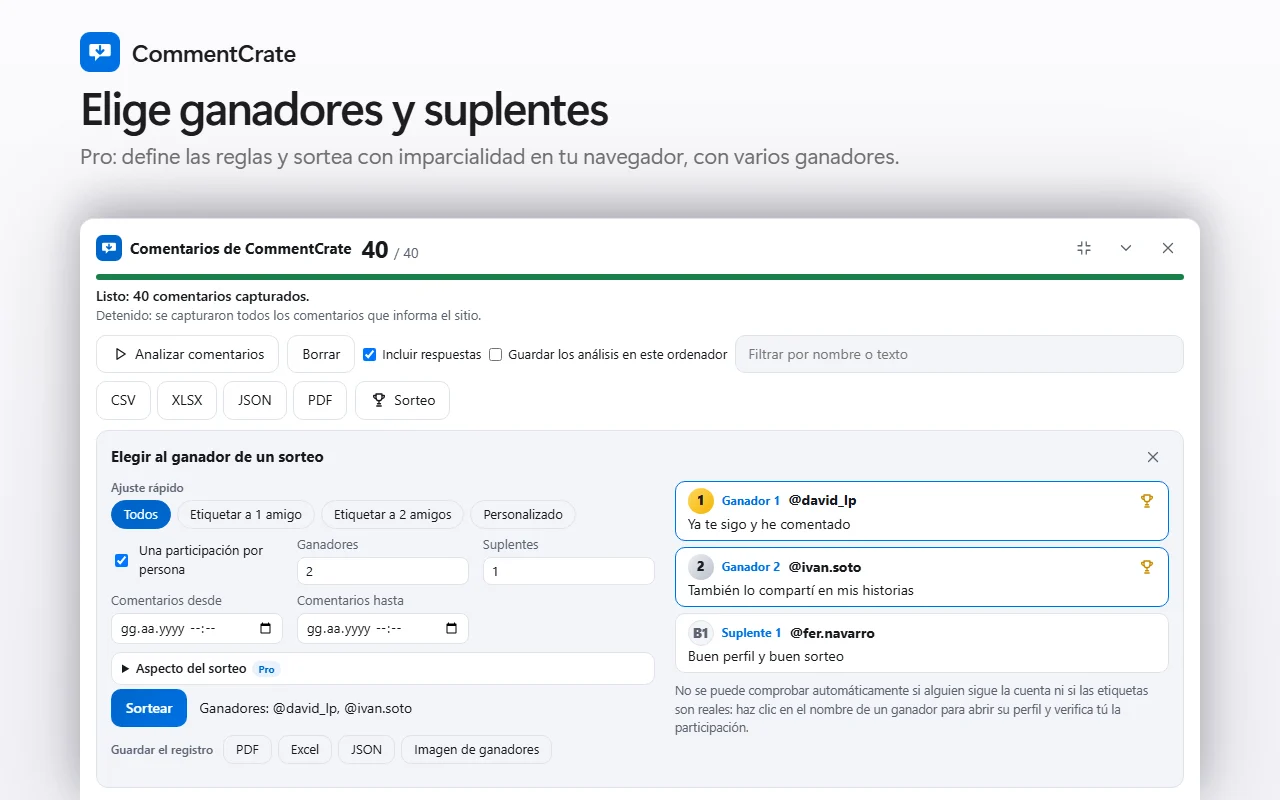 La pantalla de sorteo de CommentCrate: ajustes rápidos, dos ganadores clasificados, un suplente y los botones para guardar el registro
