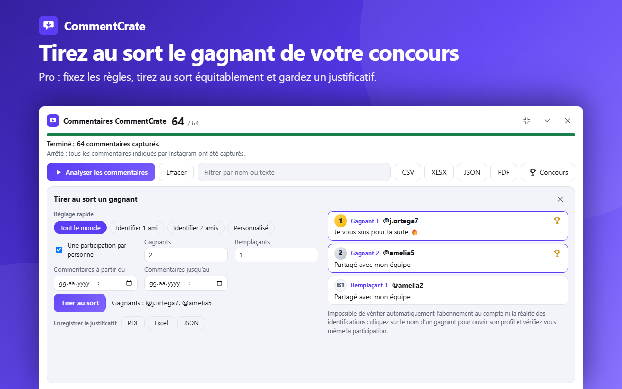 L’écran concours de CommentCrate : réglages rapides, gagnants 1 et 2 avec trophées, un remplaçant et les boutons du justificatif