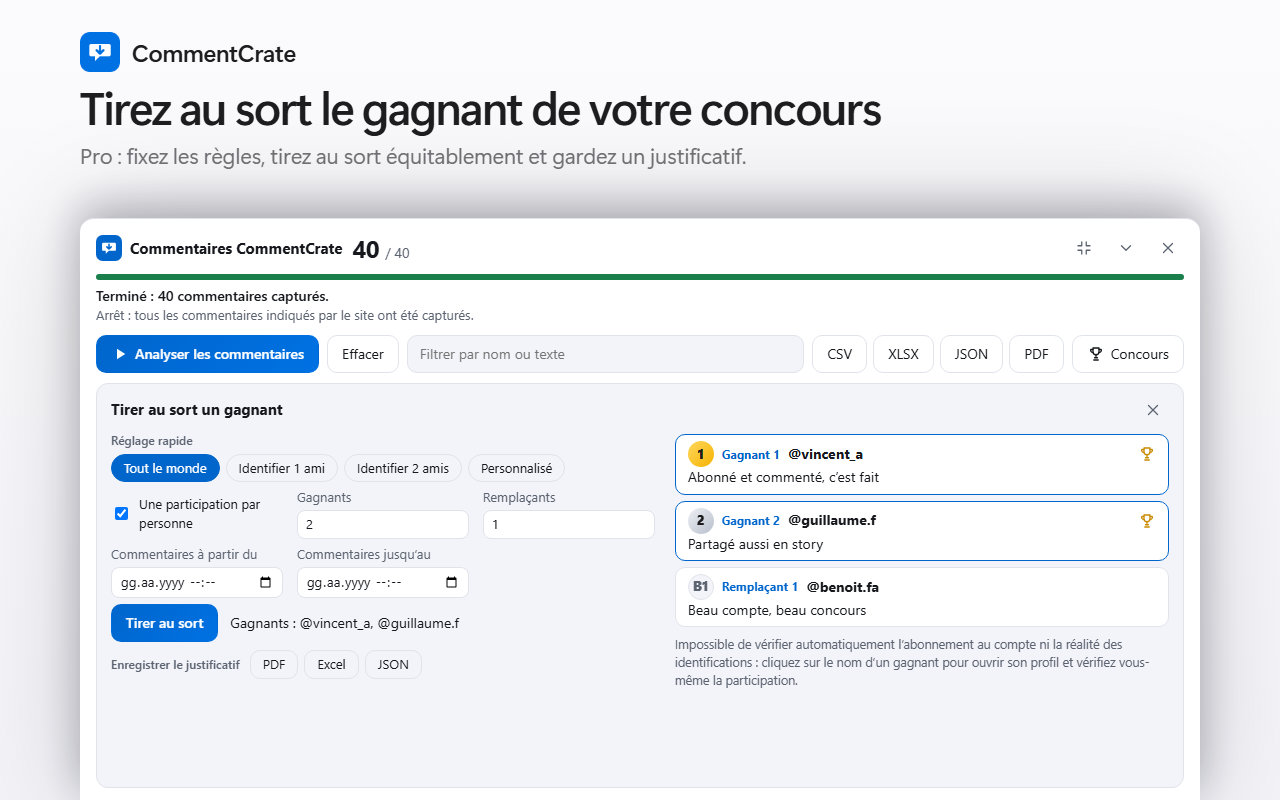 L’écran concours de CommentCrate : réglages rapides, gagnants avec trophées, un remplaçant et les boutons du justificatif