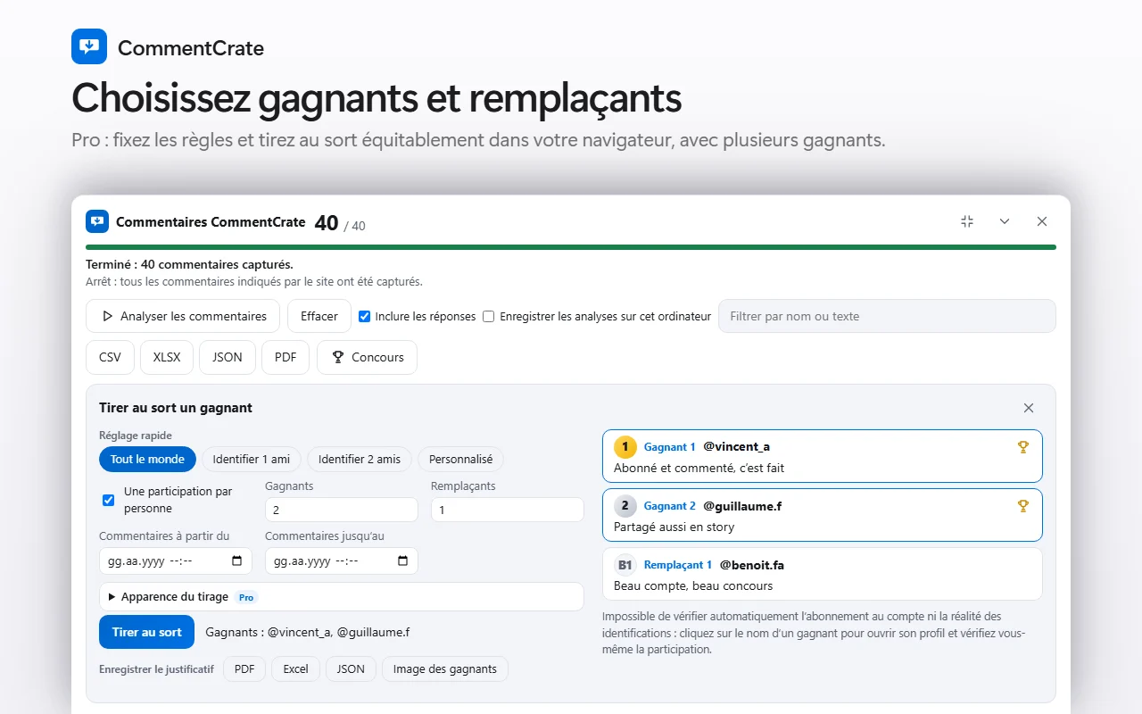 L’écran concours de CommentCrate : réglages rapides, gagnants 1 et 2 avec trophées, un remplaçant et les boutons du justificatif