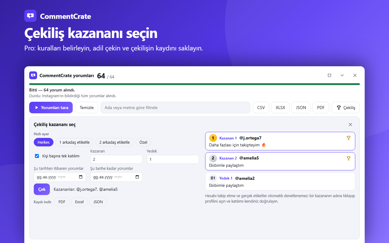 CommentCrate çekiliş ekranı: hızlı ayar düğmeleri, kupalı 1. ve 2. kazanan, bir yedek ve kayıt düğmeleri