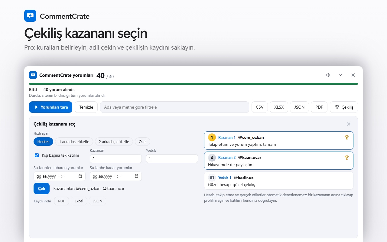 CommentCrate çekiliş ekranı: hızlı ayar düğmeleri, kupalı kazananlar, bir yedek ve kayıt düğmeleri
