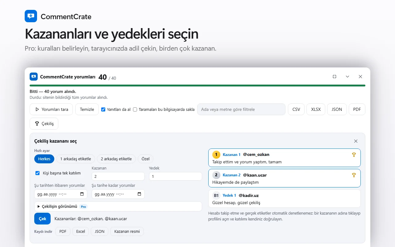CommentCrate çekiliş ekranı: hızlı ayar düğmeleri, kupalı 1. ve 2. kazanan, bir yedek ve kayıt düğmeleri