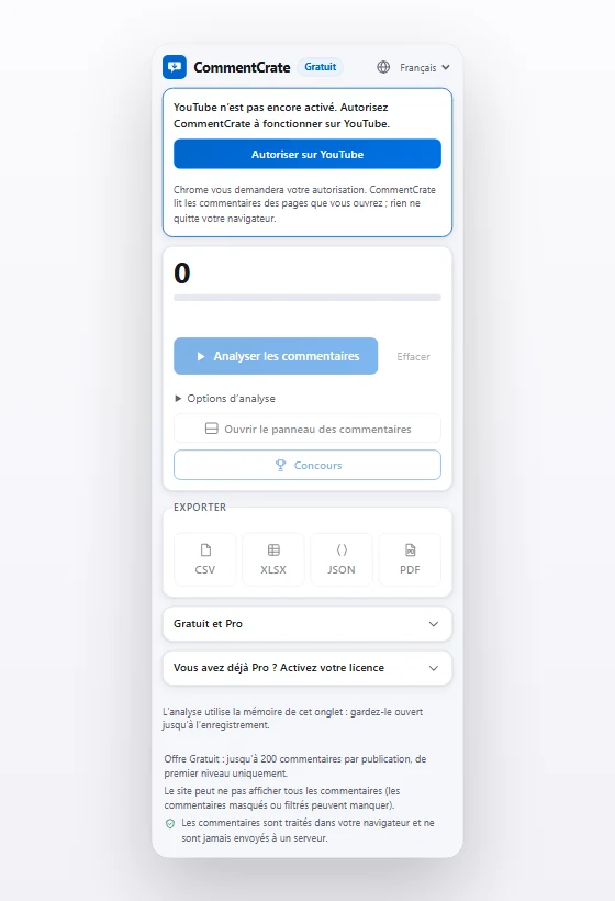 La fenêtre CommentCrate sur une vidéo YouTube avec le bouton « Autoriser sur ce site »
