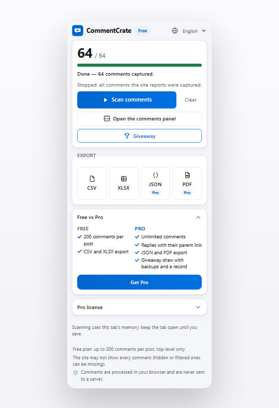 The CommentCrate popup after a scan with the export buttons: CSV and XLSX, and JSON and PDF marked Pro
