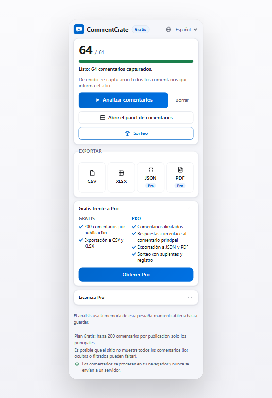 La ventana de CommentCrate tras un análisis con los botones CSV y XLSX, y JSON y PDF marcados como Pro