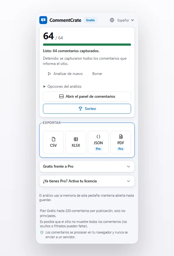 La ventana de CommentCrate tras un análisis con los botones CSV y XLSX, y JSON y PDF marcados como Pro