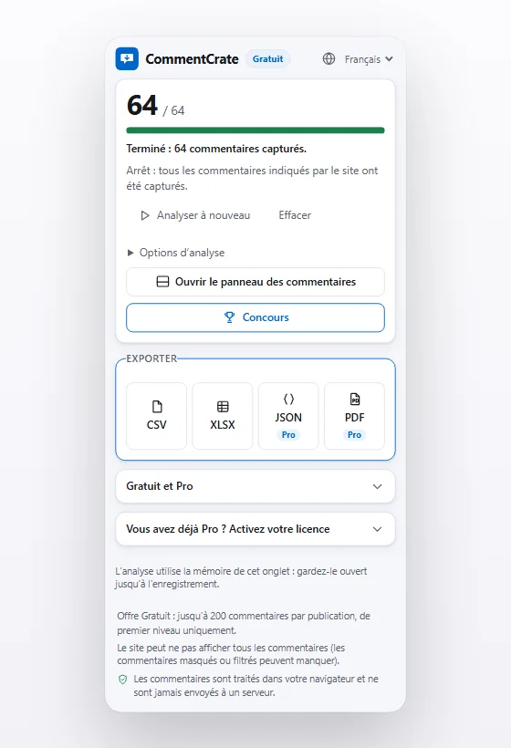 La fenêtre CommentCrate après une analyse avec les boutons CSV et XLSX, et JSON et PDF marqués Pro
