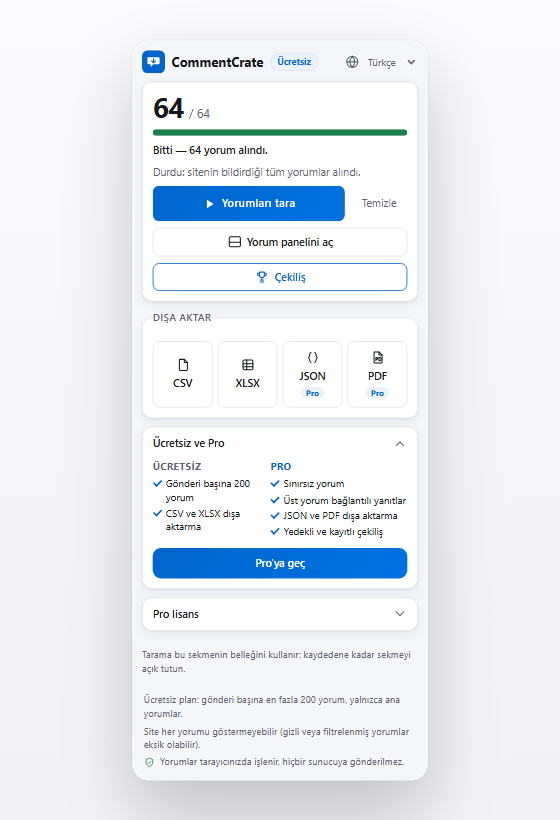 Tarama sonrası CommentCrate açılır penceresi: CSV ve XLSX, Pro işaretli JSON ve PDF düğmeleri