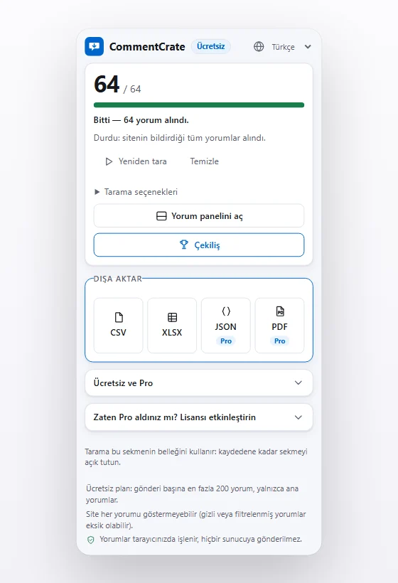Tarama sonrası CommentCrate açılır penceresi: CSV ve XLSX, Pro işaretli JSON ve PDF düğmeleri