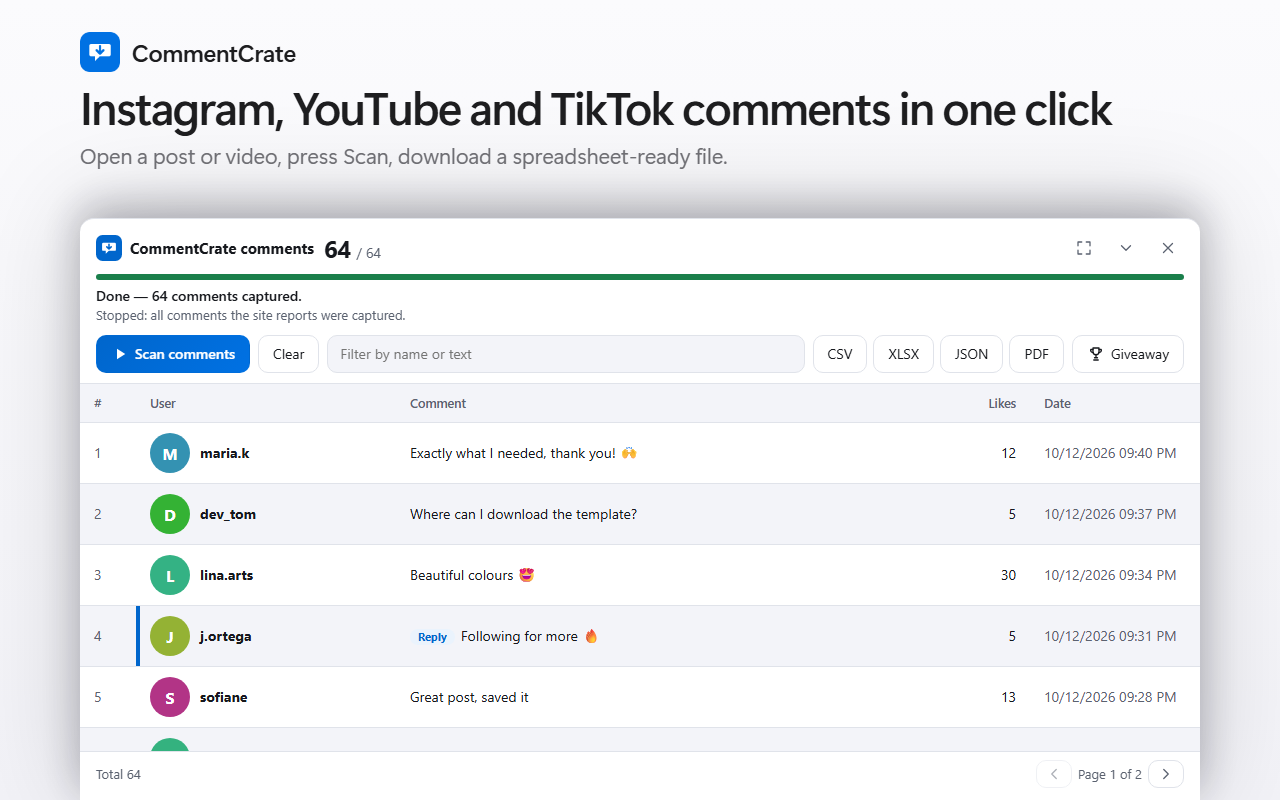The CommentCrate comments panel: a table of comments with names, likes and dates, and the export buttons