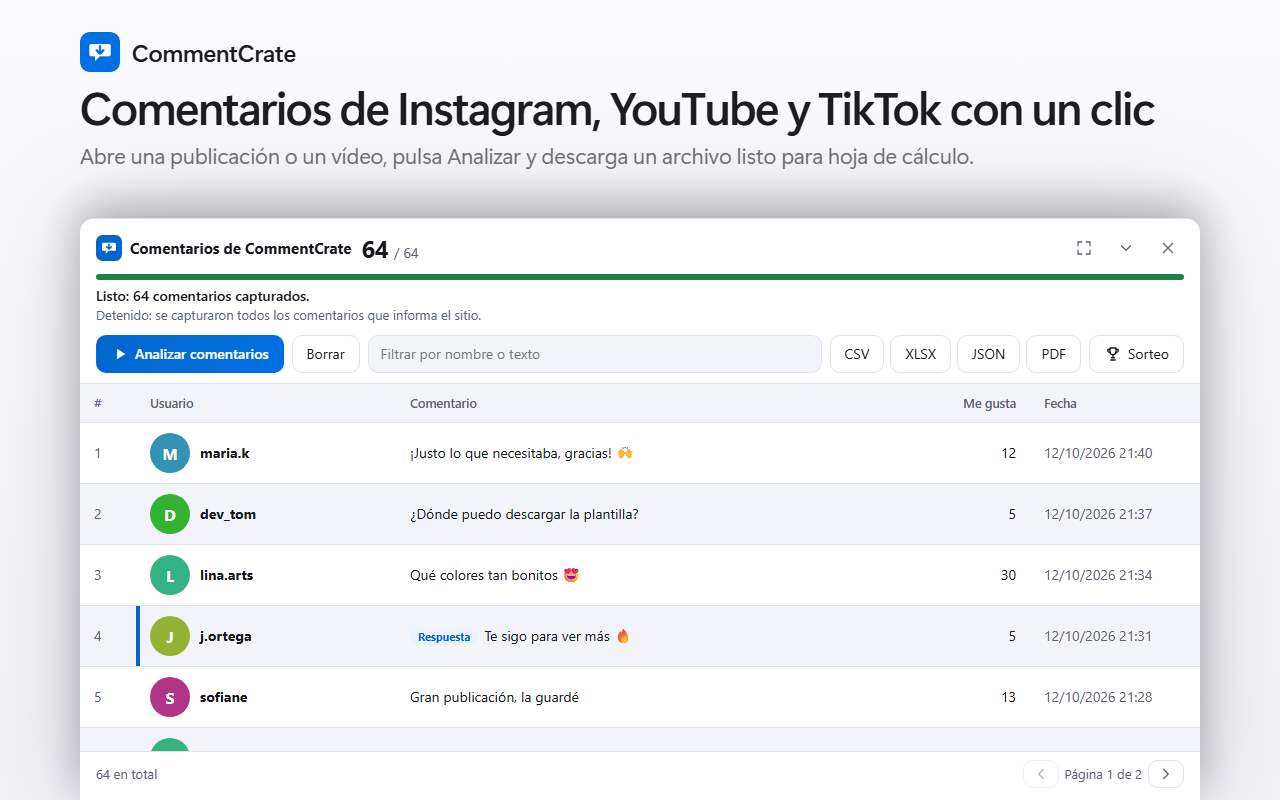 El panel de comentarios de CommentCrate: una tabla con nombres, «me gusta» y fechas, y los botones de exportación
