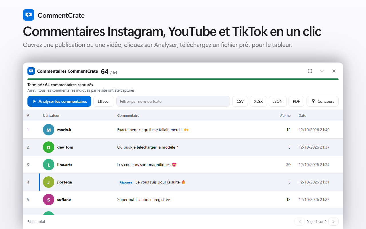 Le panneau de commentaires CommentCrate : un tableau avec noms, J’aime et dates, et les boutons d’export