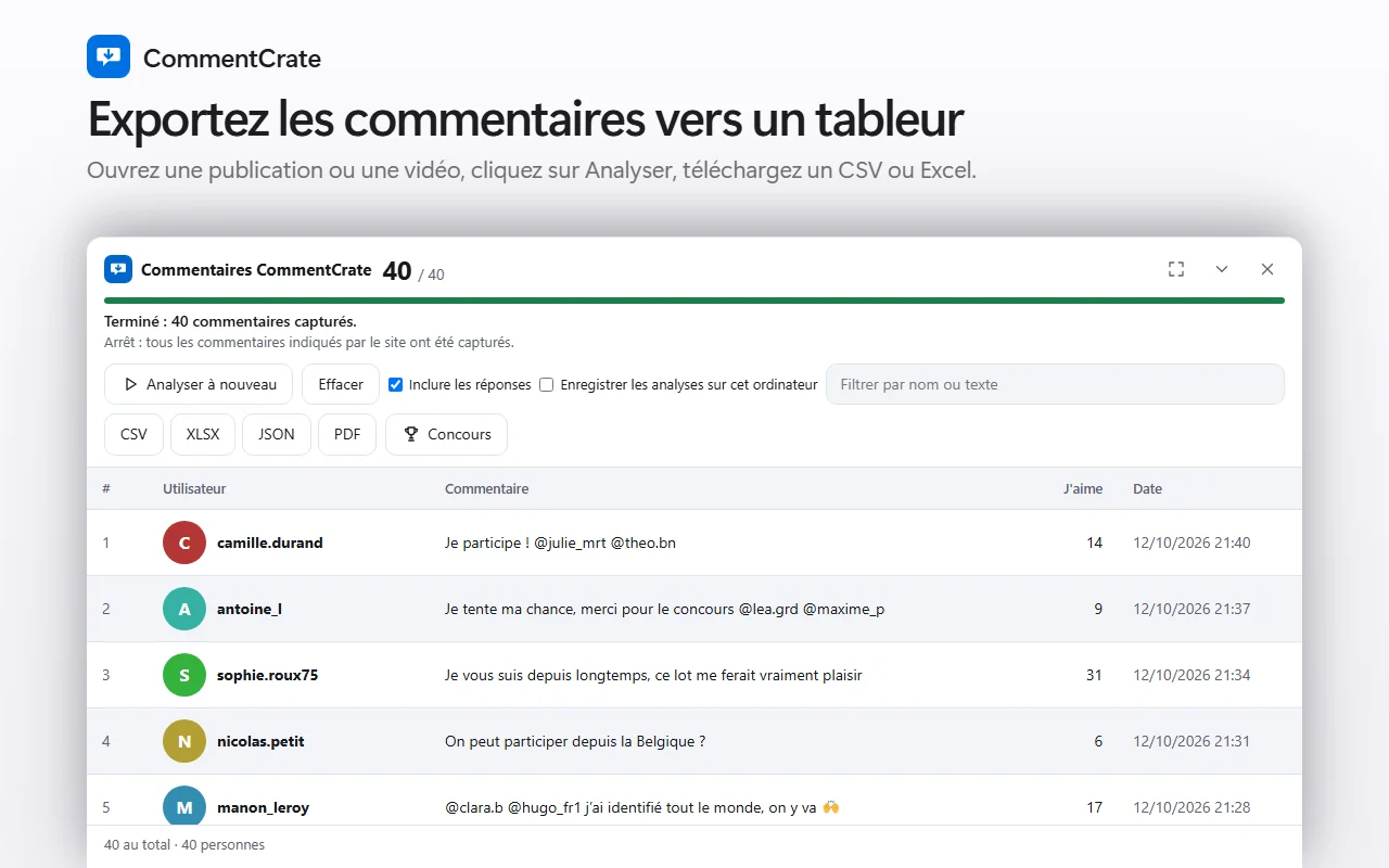 Le panneau de commentaires CommentCrate : un tableau avec noms, J’aime et dates, et les boutons d’export