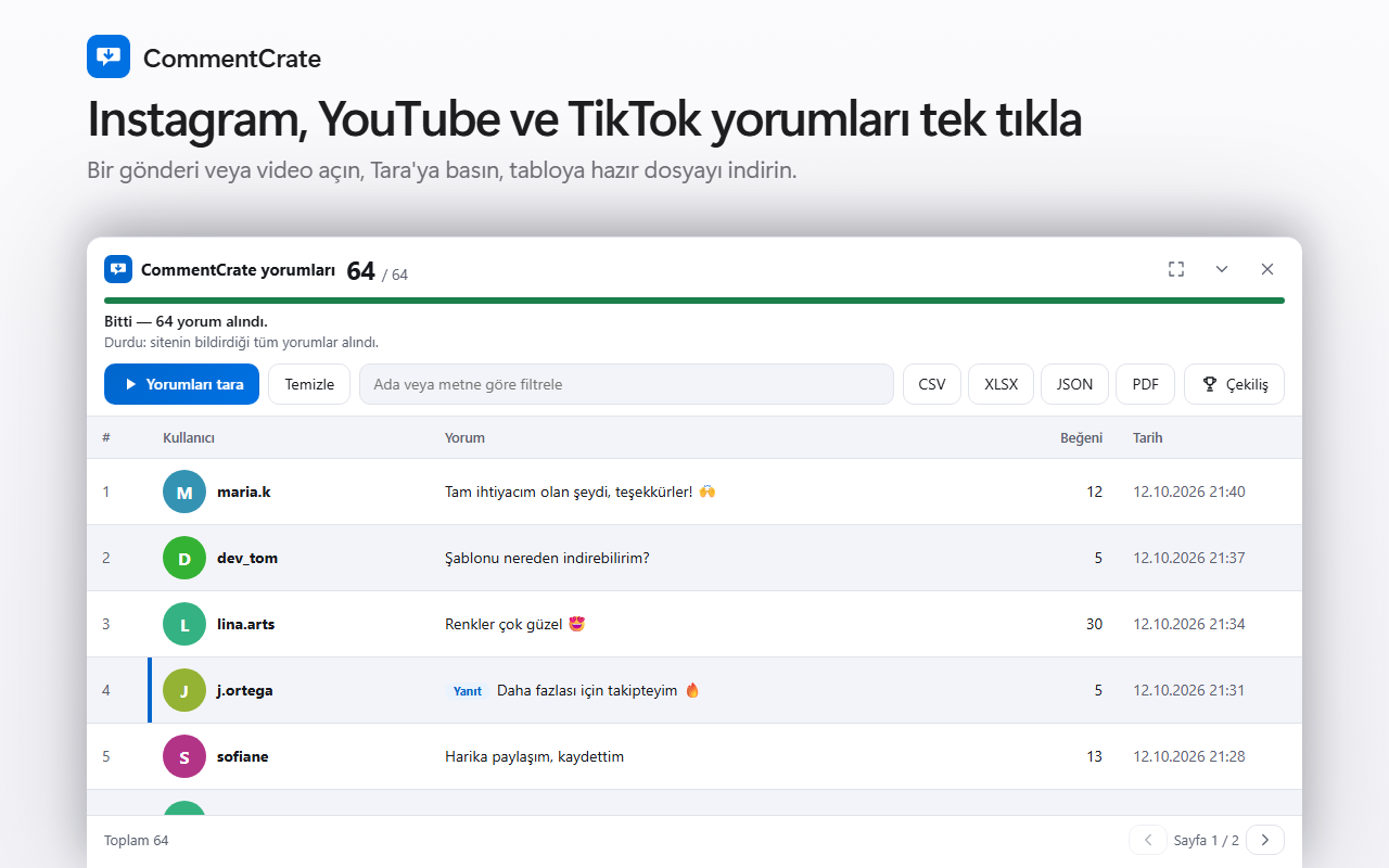 CommentCrate yorum paneli: adlar, beğeni ve tarihli yorum tablosu ve dışa aktarma düğmeleri