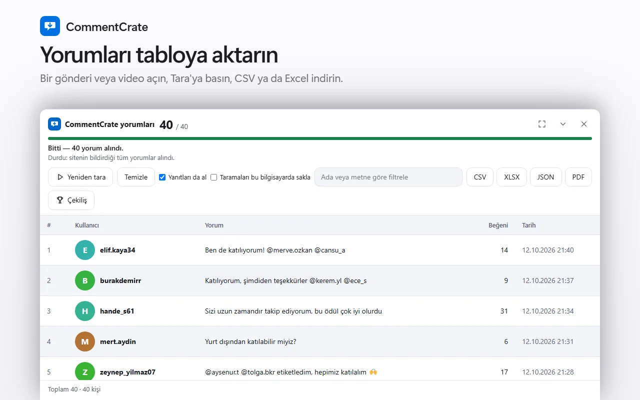 CommentCrate yorum paneli: adlar, beğeni ve tarihli yorum tablosu ve dışa aktarma düğmeleri