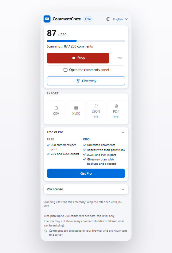 The CommentCrate popup while a scan is running, with a progress bar and the number of comments found