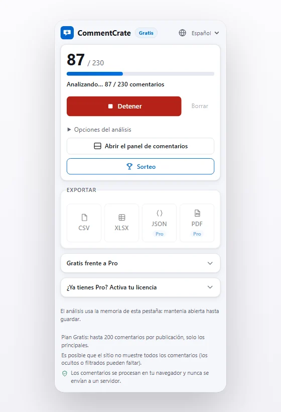 La ventana de CommentCrate durante un análisis, con la barra de progreso y el número de comentarios