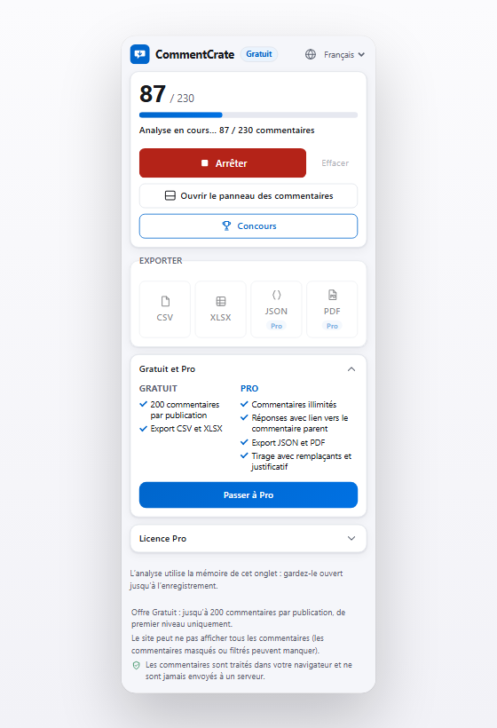 La fenêtre CommentCrate pendant une analyse, avec la barre de progression et le nombre de commentaires