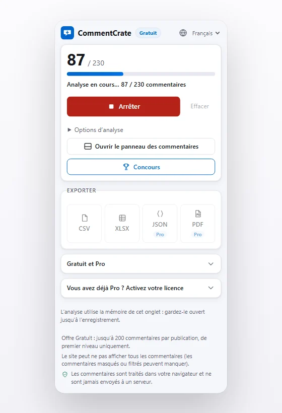 La fenêtre CommentCrate pendant une analyse, avec la barre de progression et le nombre de commentaires