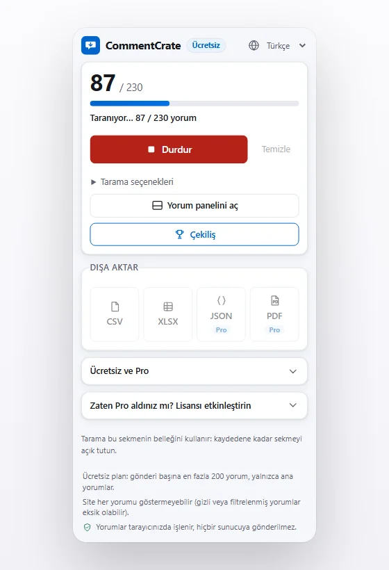 Tarama sürerken CommentCrate açılır penceresi: ilerleme çubuğu ve bulunan yorum sayısı