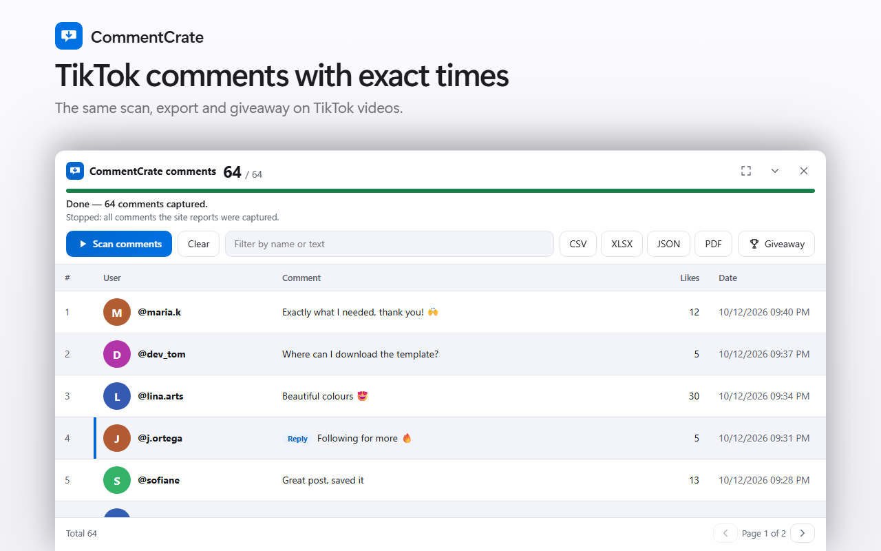 The CommentCrate comments panel on a TikTok video: handles, comments, likes and exact dates and times