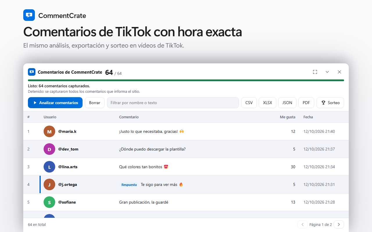 El panel de comentarios de CommentCrate en un vídeo de TikTok: nombres, comentarios, «me gusta» y fechas y horas exactas