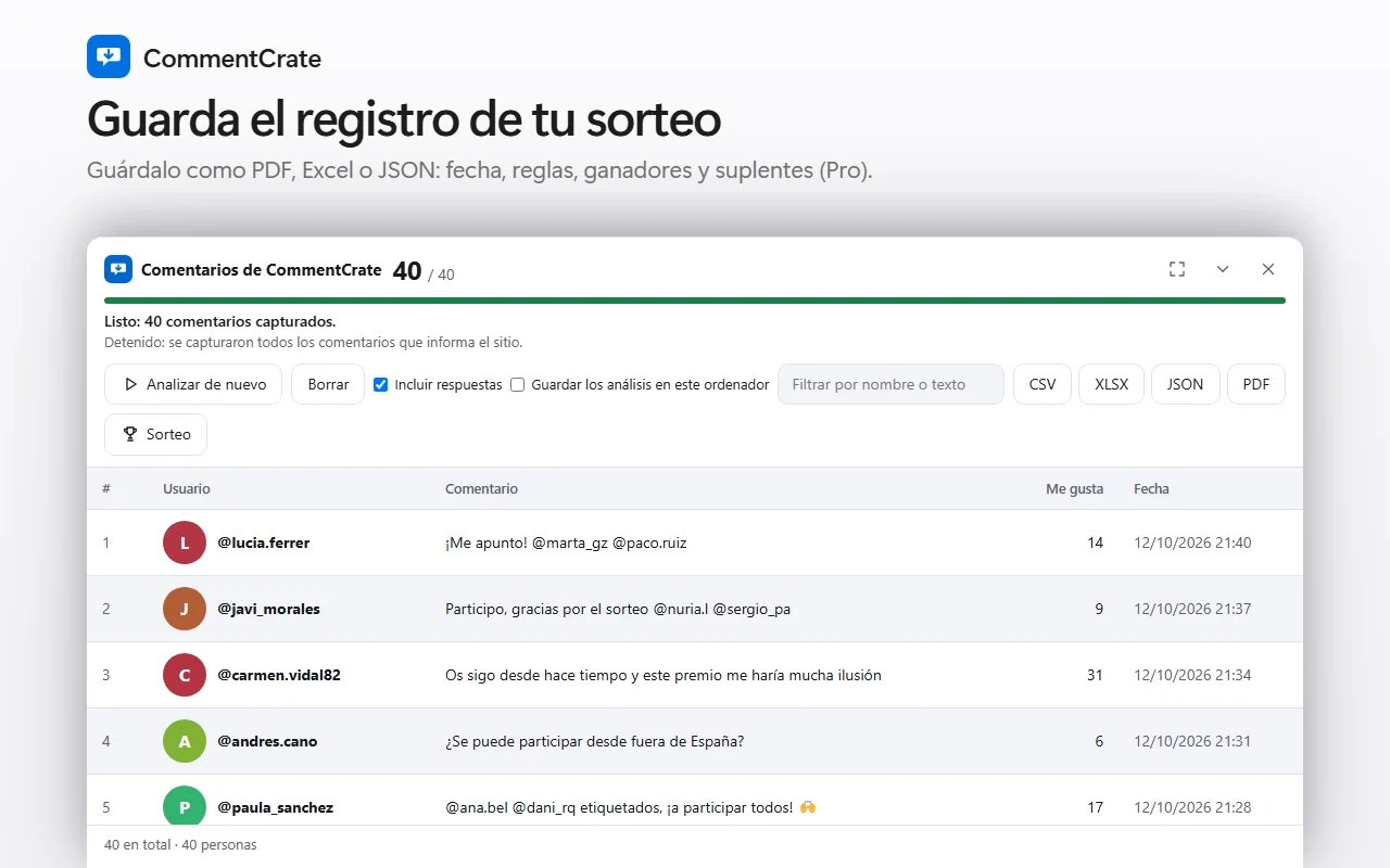 El panel de CommentCrate en un vídeo de TikTok: 40 comentarios con hora exacta y me gusta, y los botones de exportación