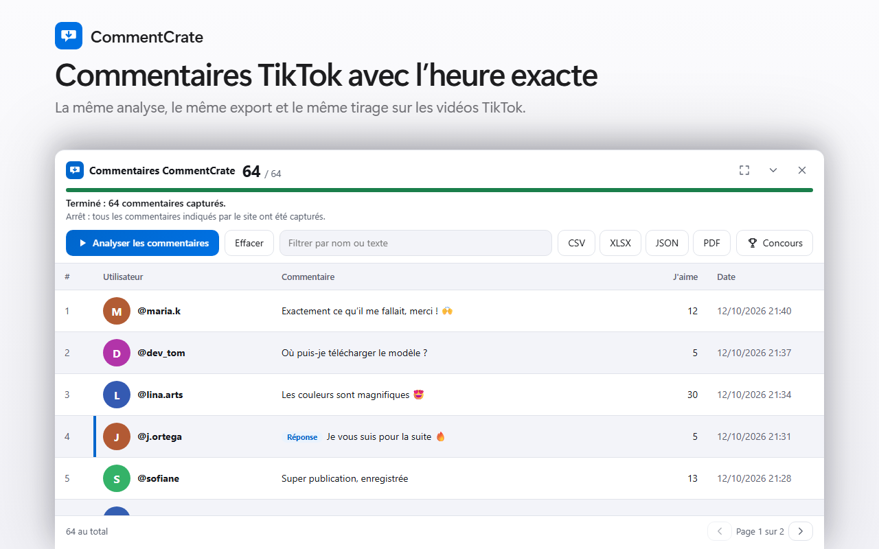 Le panneau de commentaires CommentCrate sur une vidéo TikTok : pseudos, commentaires, J’aime et dates et heures exactes