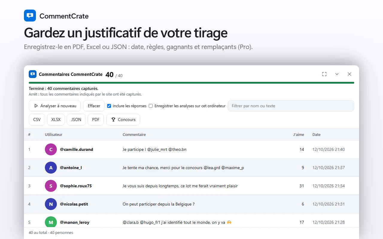 Le panneau de commentaires CommentCrate sur une vidéo TikTok : pseudos, commentaires, J’aime et dates et heures exactes
