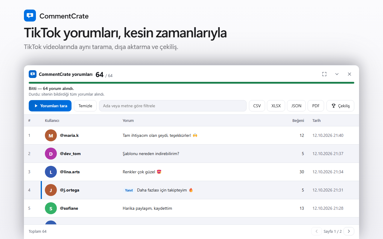 Bir TikTok videosunda CommentCrate yorum paneli: kullanıcı adları, yorumlar, beğeniler ve kesin tarih ile saatler