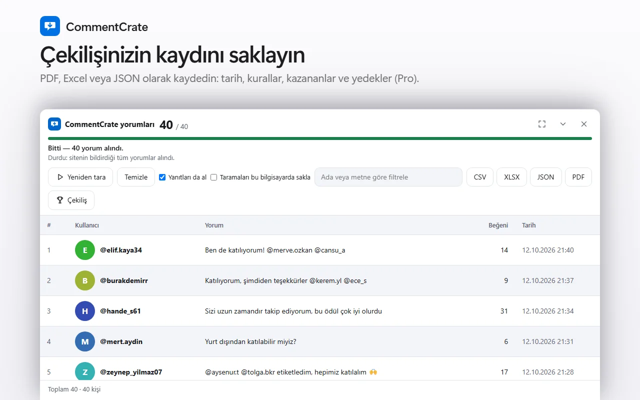 Bir TikTok videosunda CommentCrate yorum paneli: kullanıcı adları, yorumlar, beğeniler ve kesin tarih ile saatler