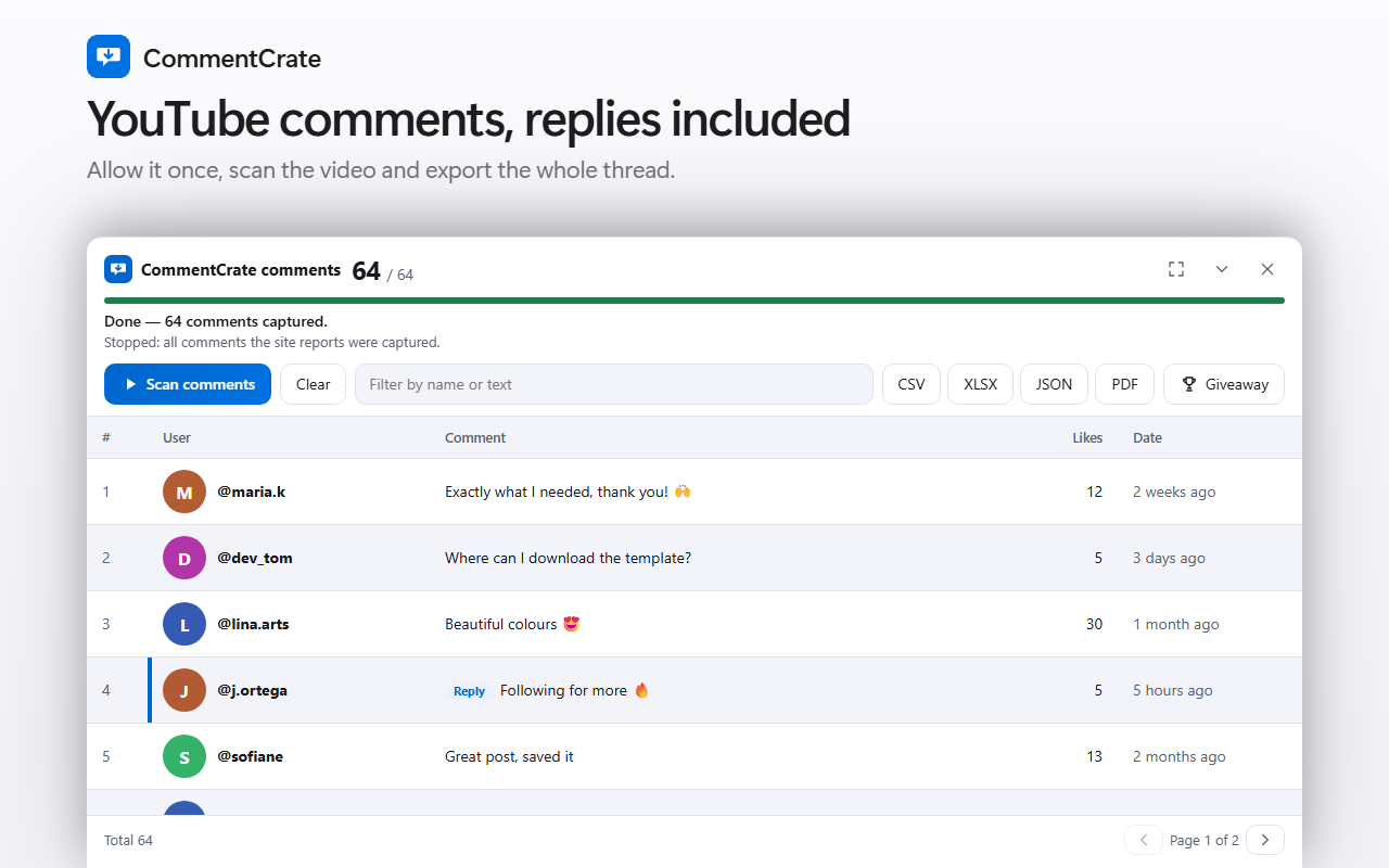 The CommentCrate comments panel on a YouTube video: handles, comments, likes and relative times such as “2 weeks ago”