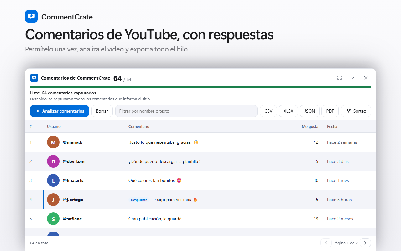 El panel de comentarios de CommentCrate en un vídeo de YouTube: nombres, comentarios, «me gusta» y tiempos relativos como «hace 2 semanas»